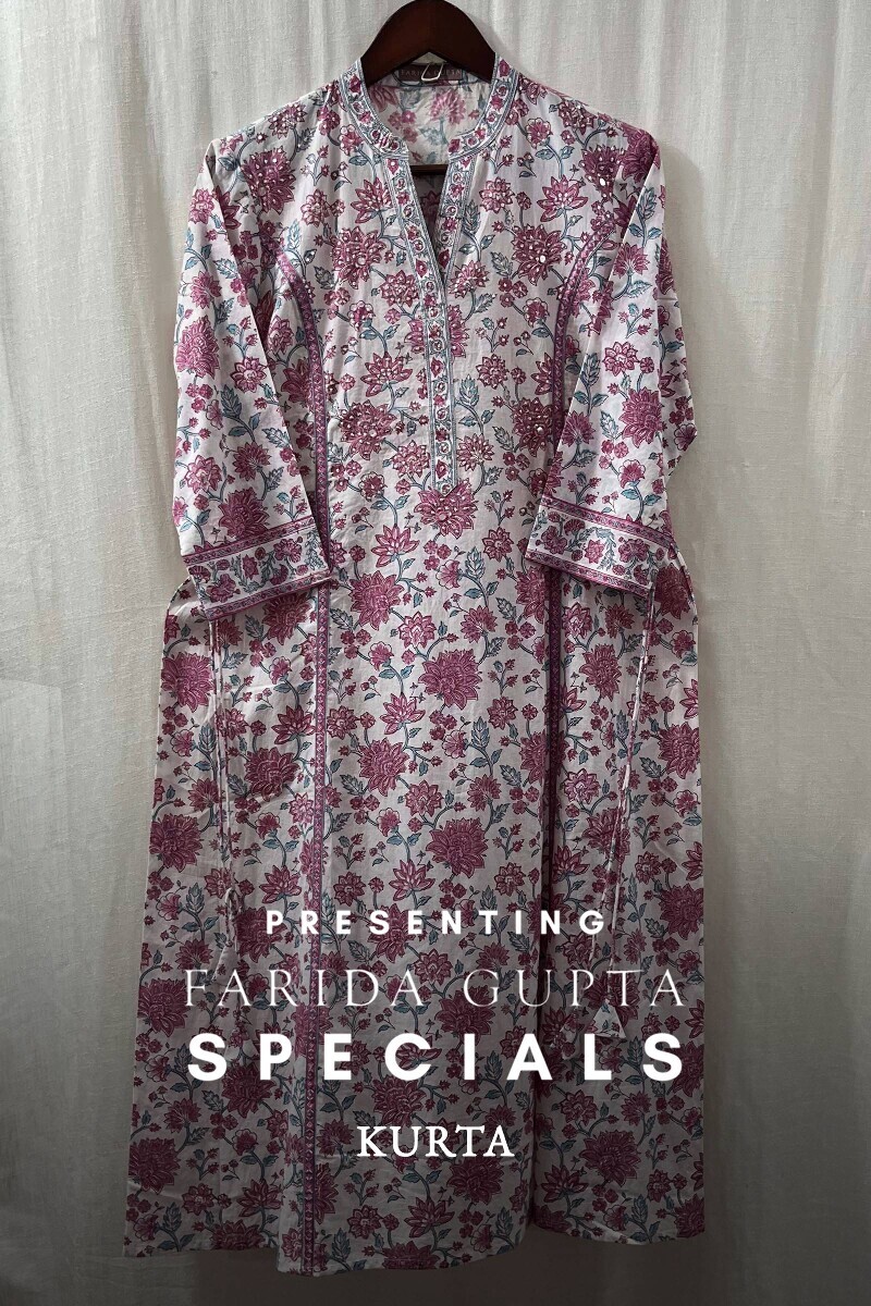 White Hand Block-Printed A-Line Cotton Kurta