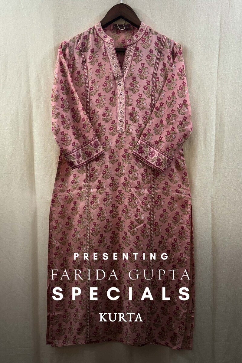 Pink Hand Printed Straight Viscose Kurta