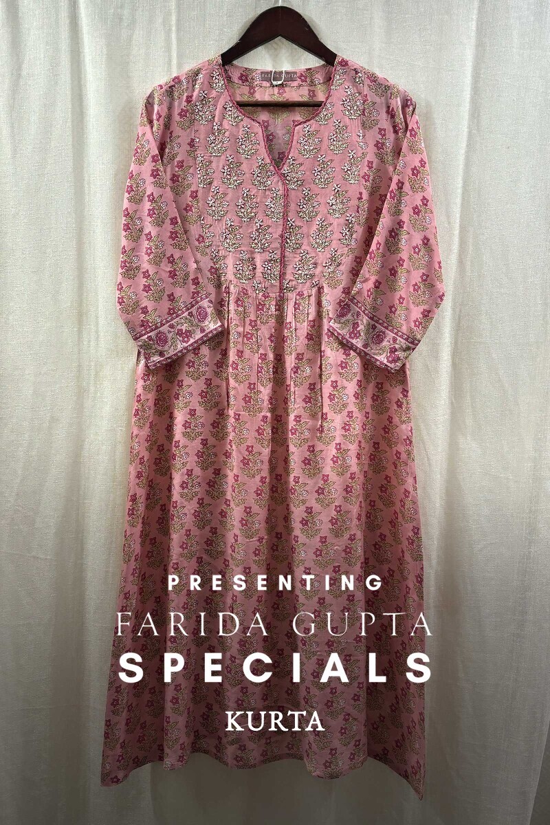 Pink Hand Printed A-Line Viscose Kurta