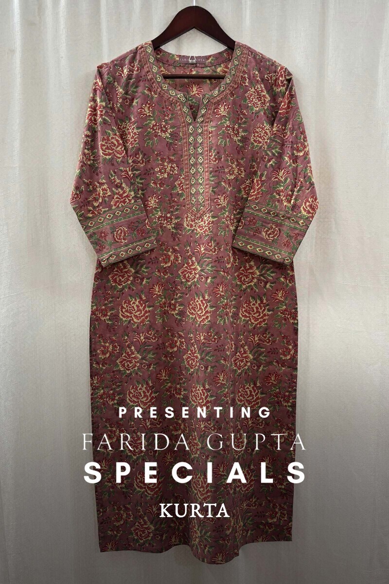 Mauve Hand Block-Printed Straight Cotton Kurta