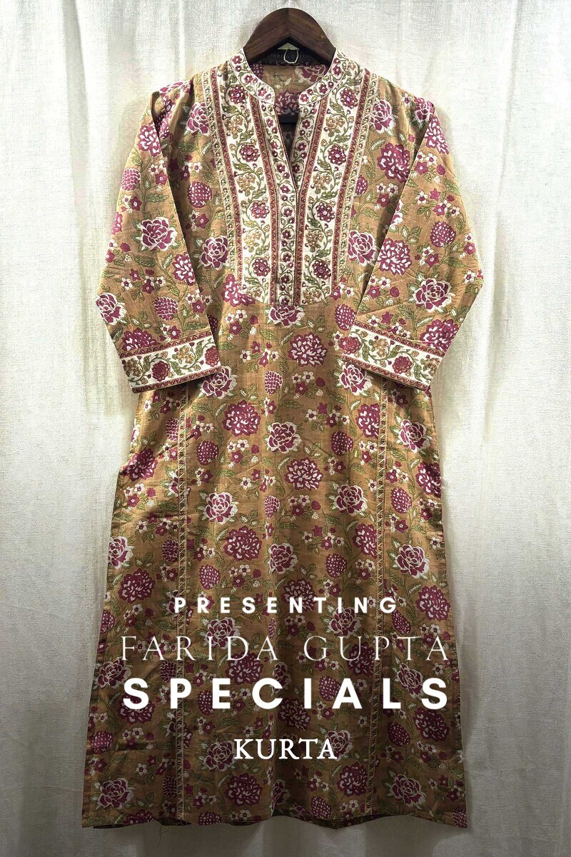 Mustard Hand-Printed Straight Cotton Slub Kurta