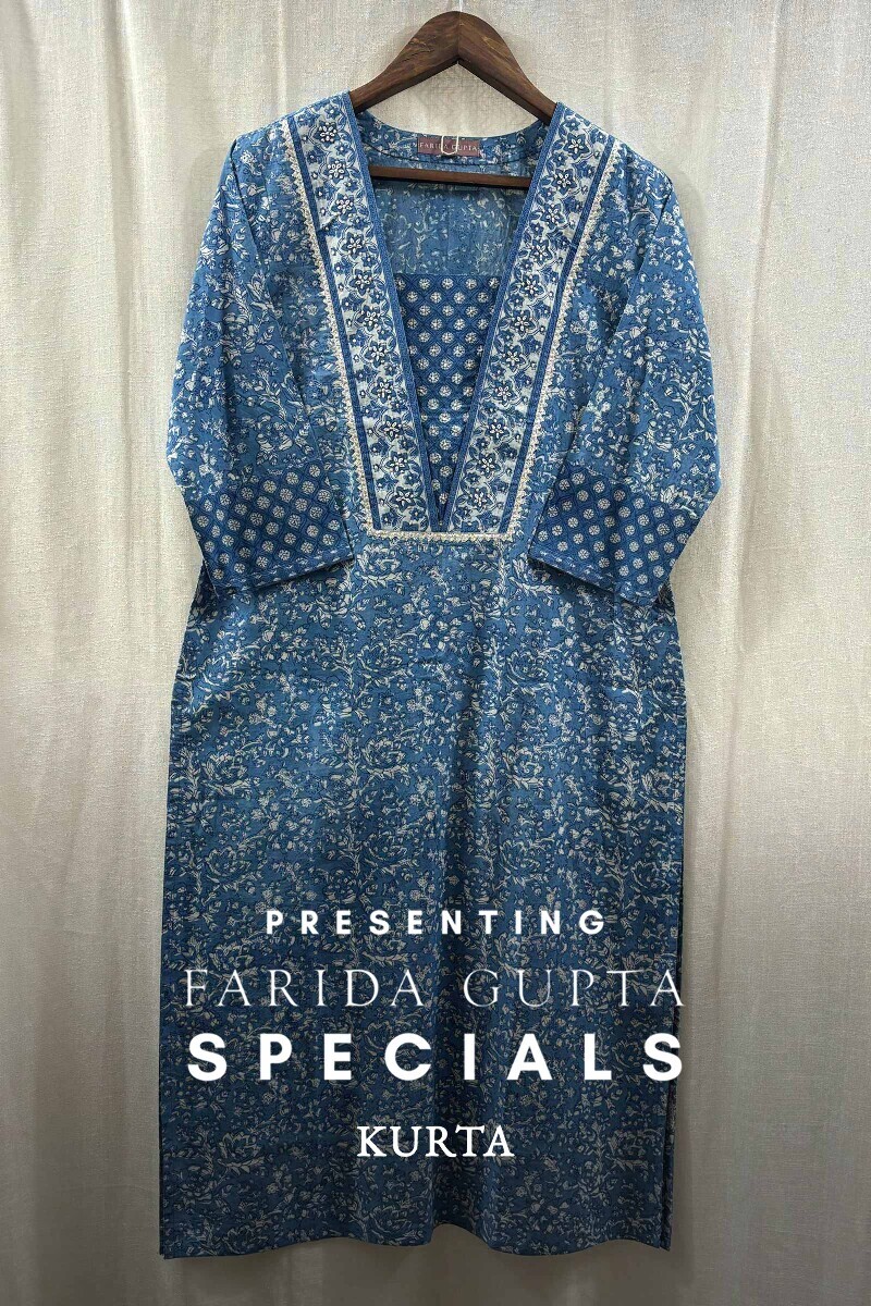 Indigo Hand Block-Printed Straight Cotton Kurta