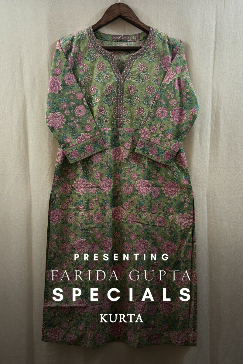 Green Hand Block-Printed Straight Cotton Kurta