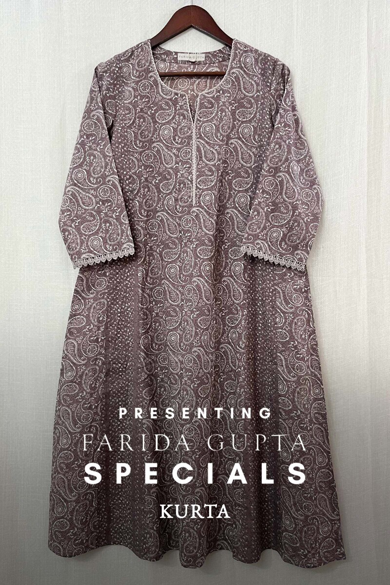 Brown Hand Printed A-Line Cotton Kurta