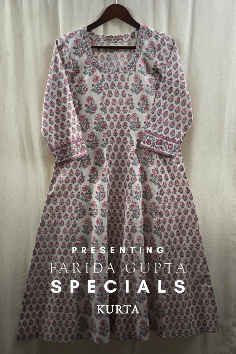 White Hand Block-Printed A-Line Cotton Kurta