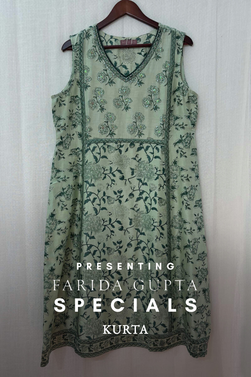 Green Hand Block-Printed A-Line Chanderi Kurta