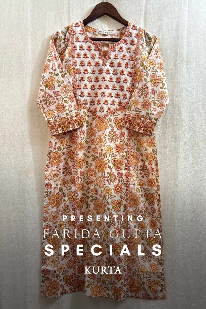 White Hand Printed Straight Cotton Kurta