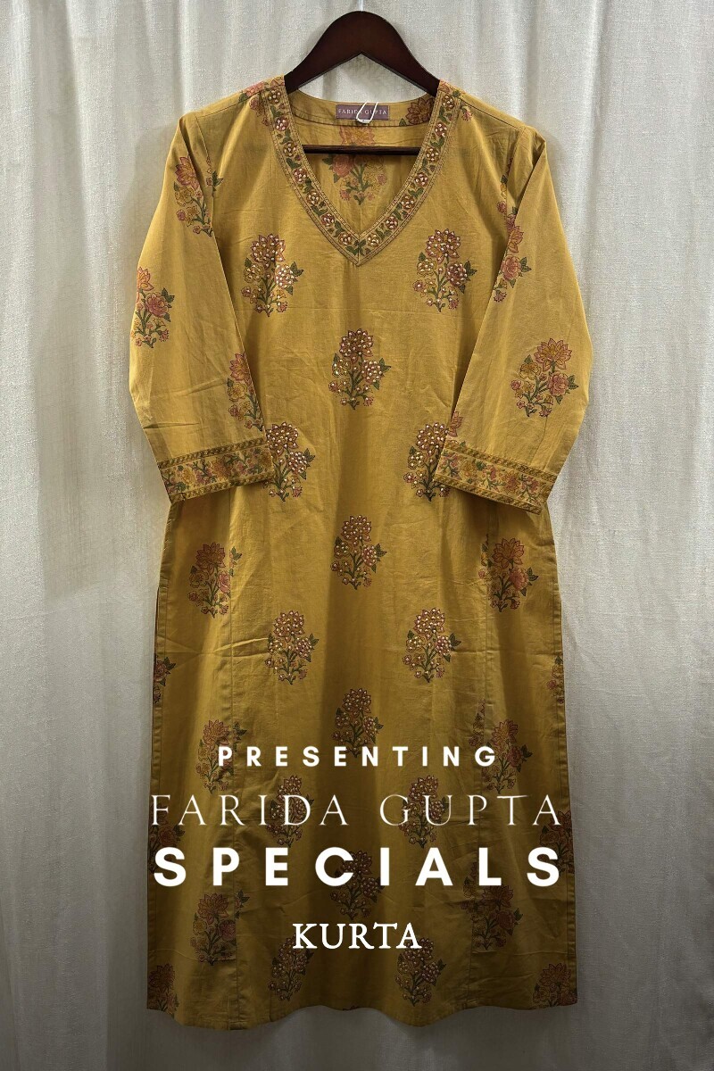 Mustard Hand Block-Printed Straight Cotton Kurta
