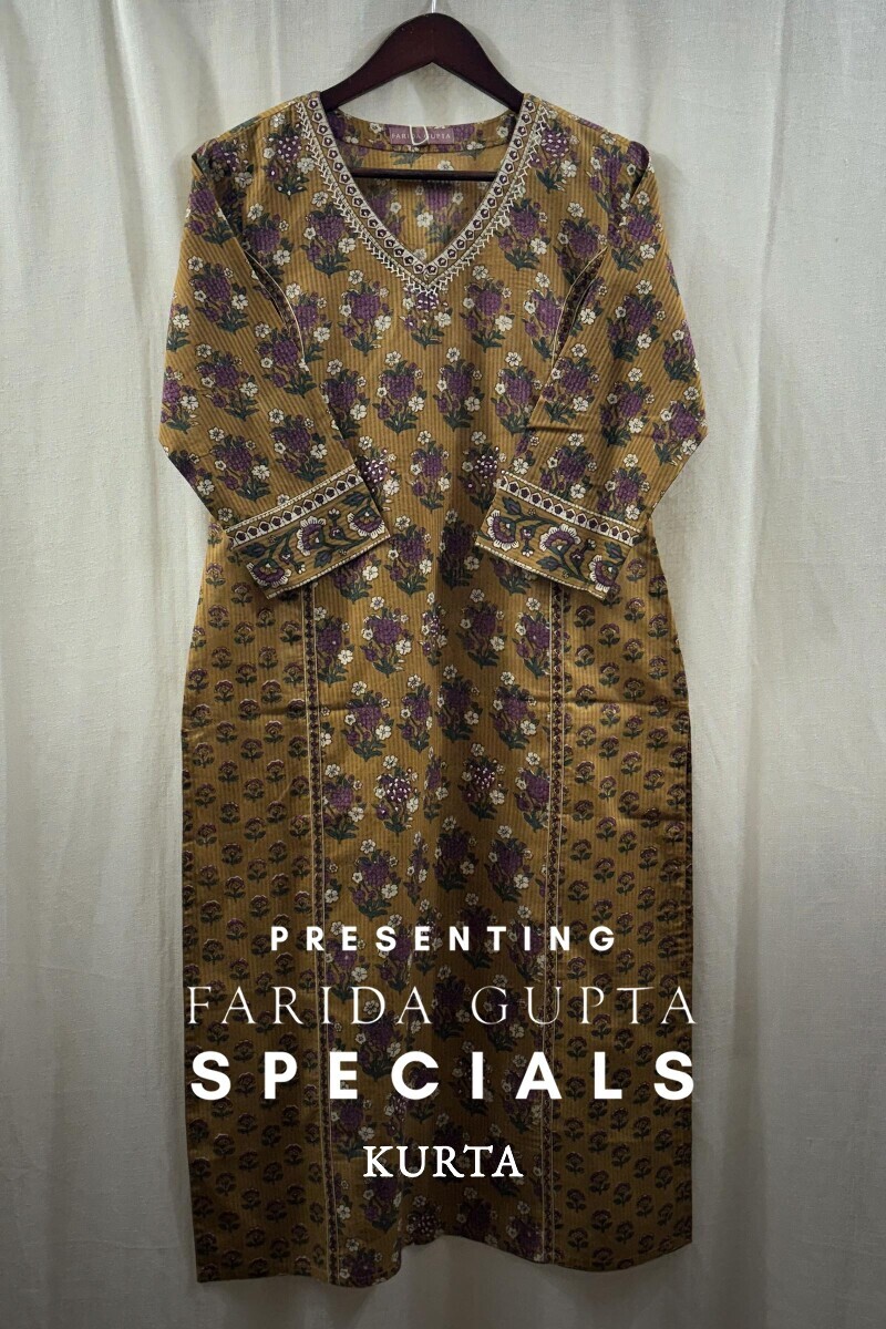 Mustard Hand Printed Straight Cotton Dobby Kurta
