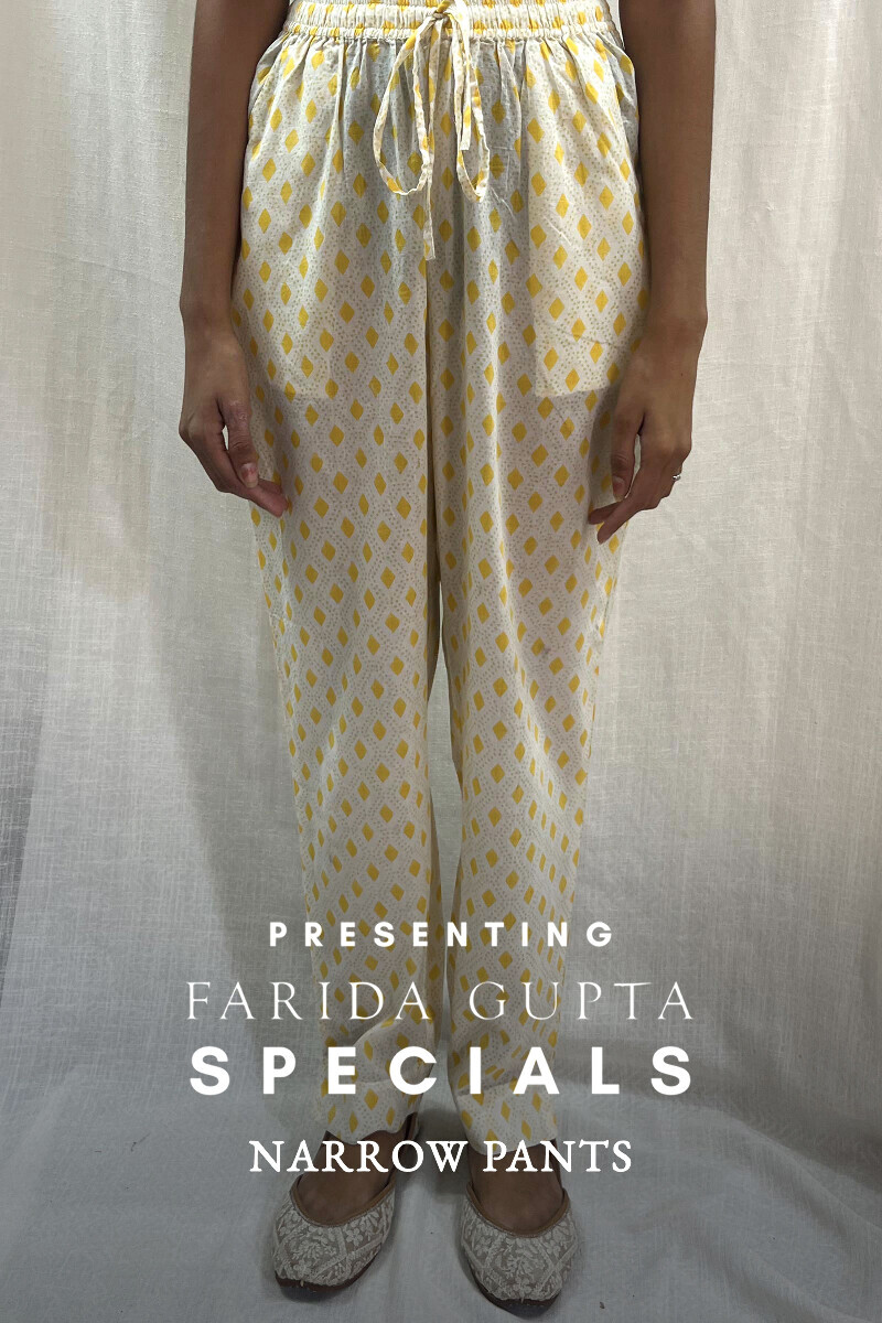 White Hand Block-Printed Cotton Mul Narrow Pants