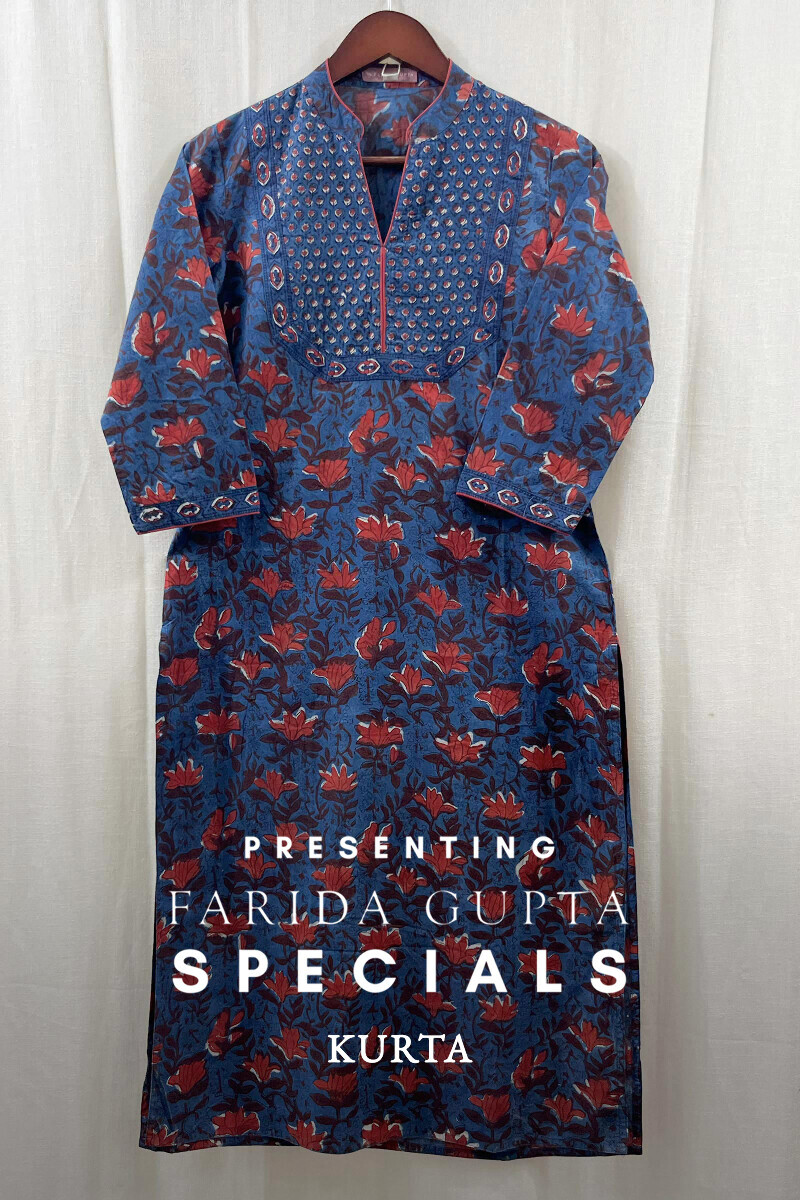Buy Indigo Hand Block Printed Straight Cotton Kurta for Women FGMK22 210 Farida Gupta