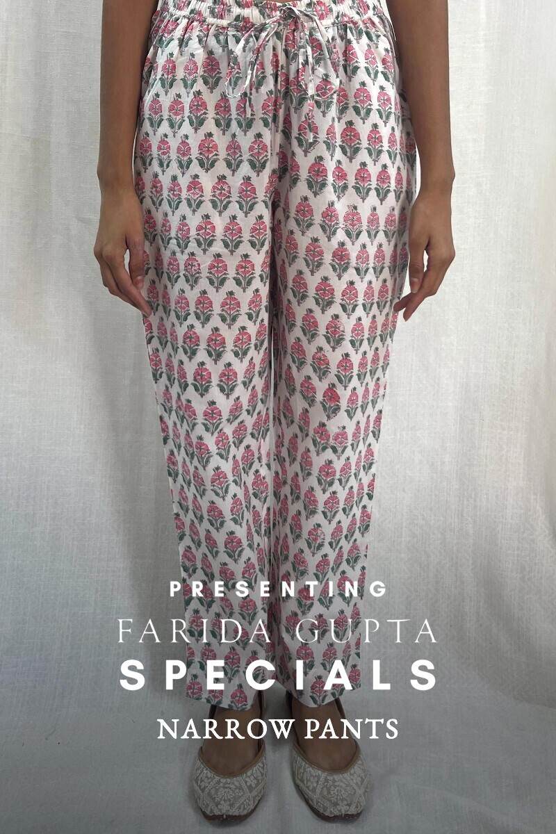 Off-White Hand Block-Printed Cotton Narrow Pants