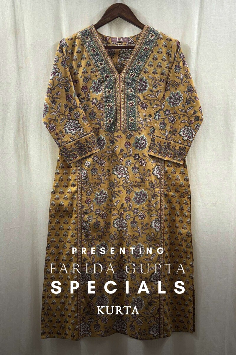 Mustard Hand Block-Printed Straight Cotton Kurta