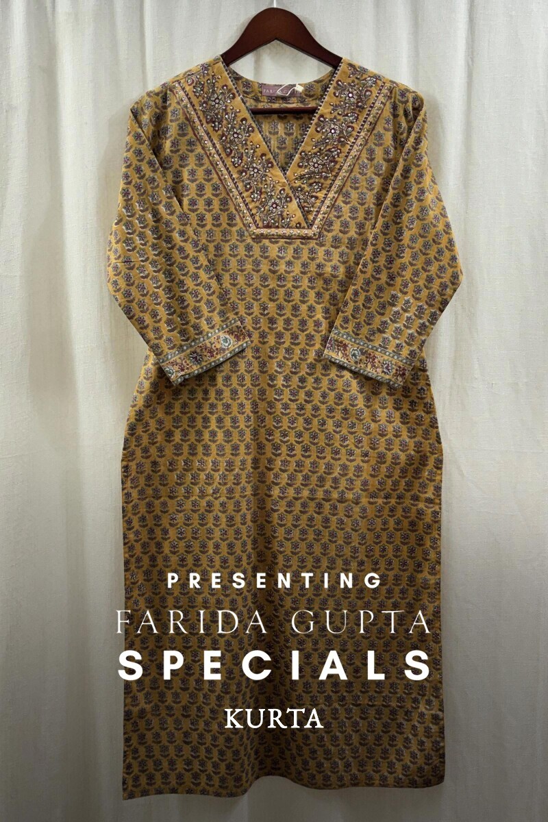 Mustard Hand Block-Printed Straight Kurta