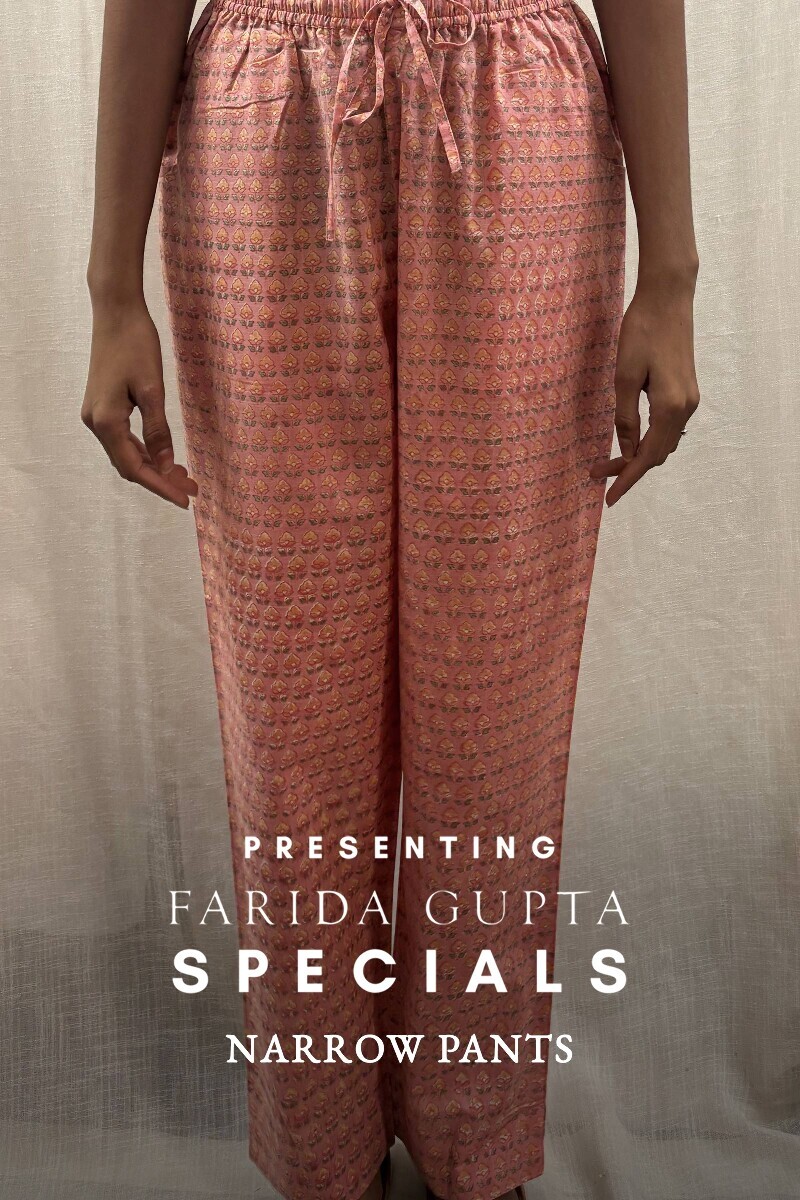 Peach Hand Block-Printed Cotton Slub Narrow Pants