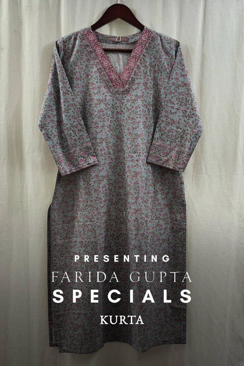 Blue Hand Printed Straight Cotton Slub Kurta