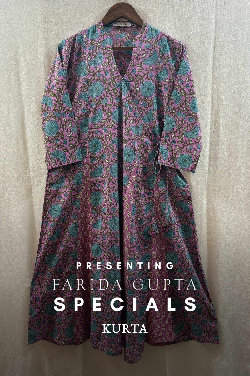 Pink Hand Block-Printed Angrakha Kurta