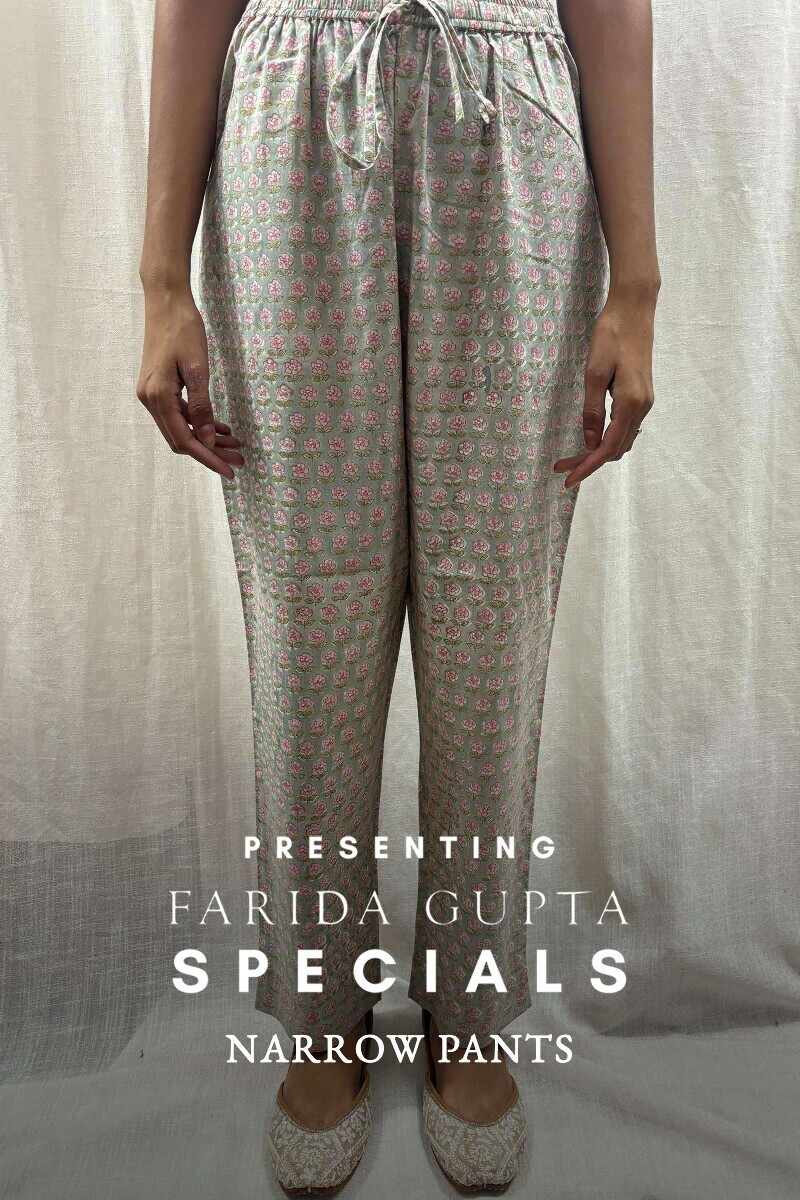 Green Hand Block-Printed Cotton Narrow Pants