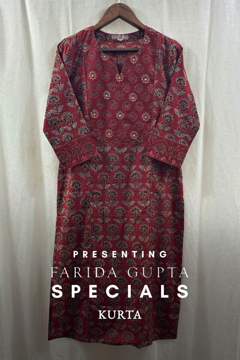 Red Hand Block-Printed Kurta for Women