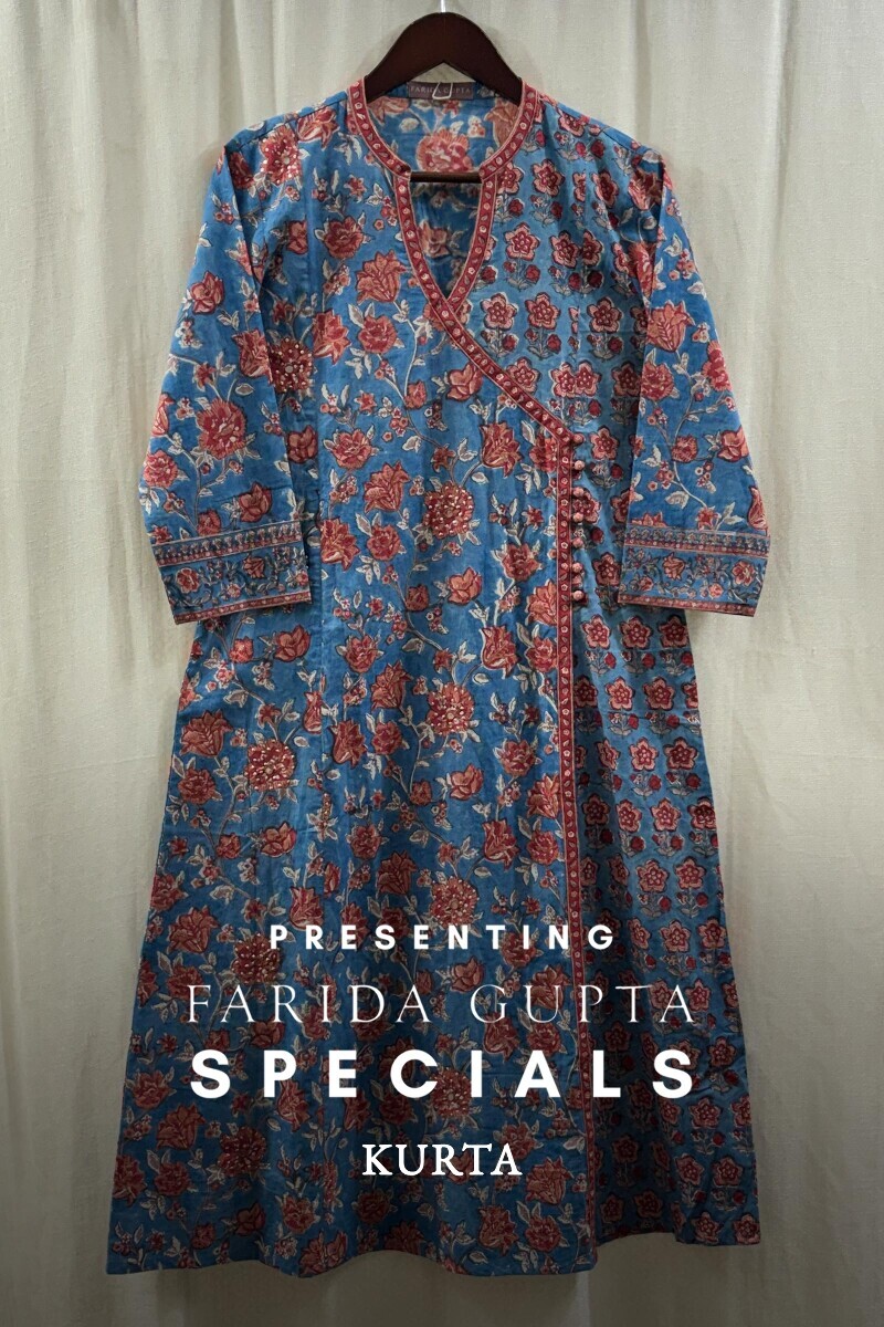 Blue Hand Block-Printed Angrakha Kurta