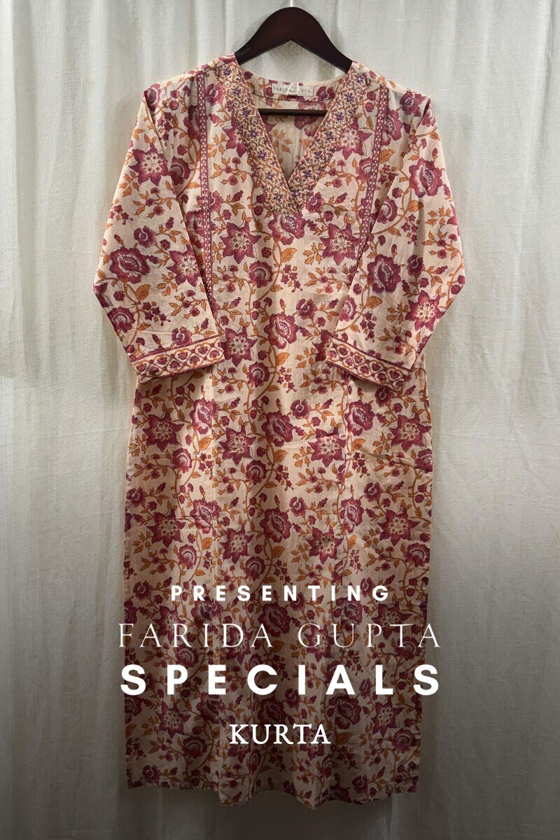 Cream Printed Straight Sanganeri Kurta