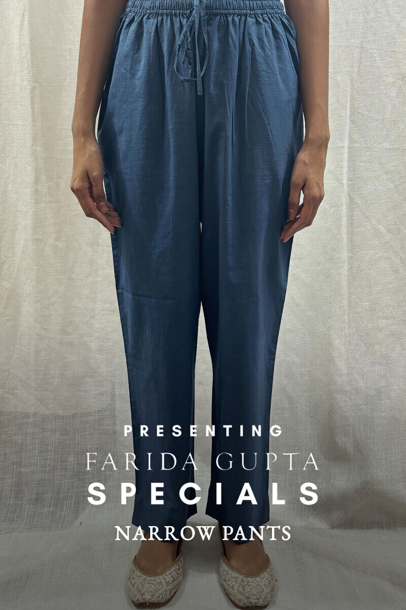 Blue Handcrafted Cotton Slub Narrow Pants