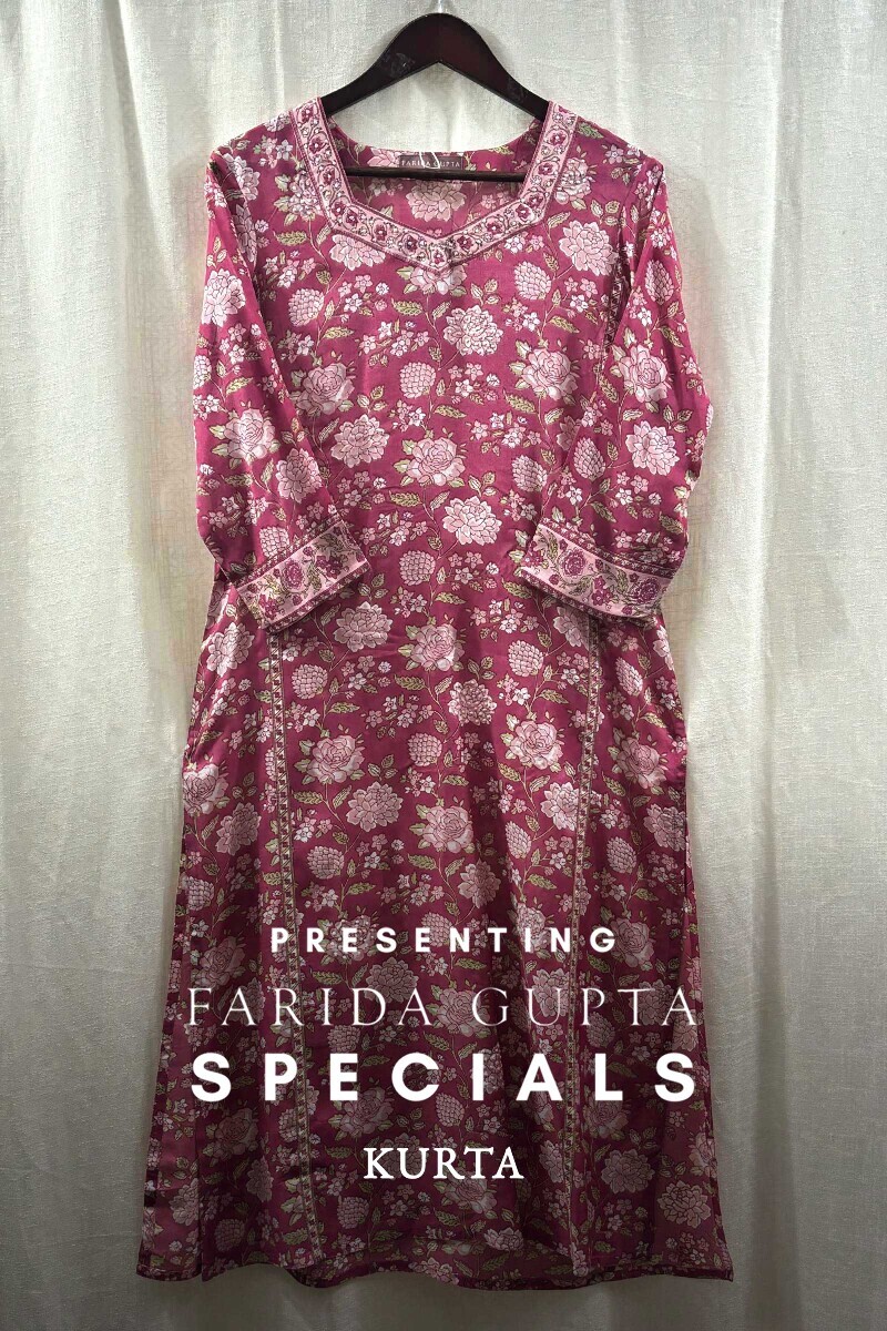 Pink Hand Printed Straight Viscose Kurta