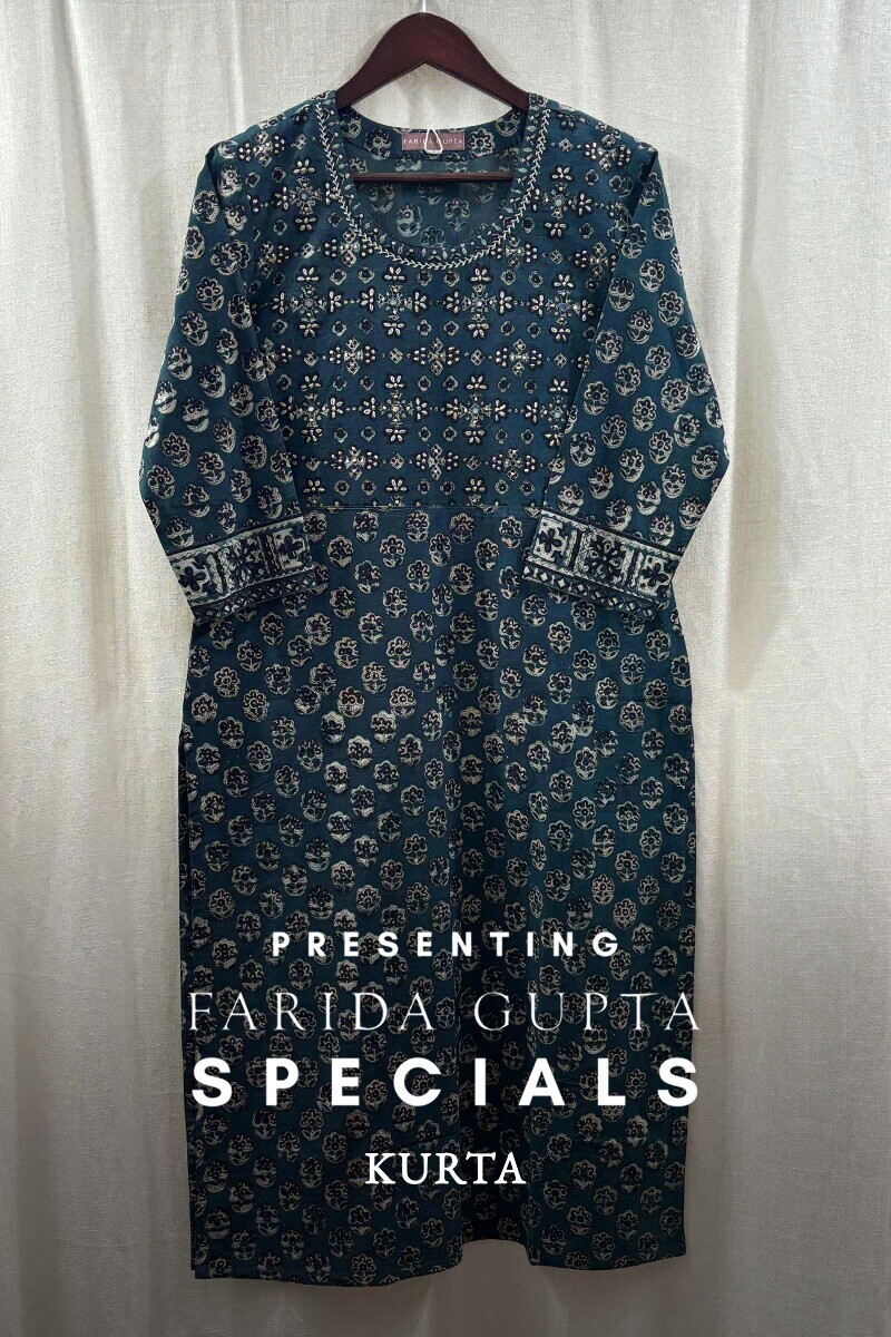 Teal Hand Block-Printed Kurta for Women