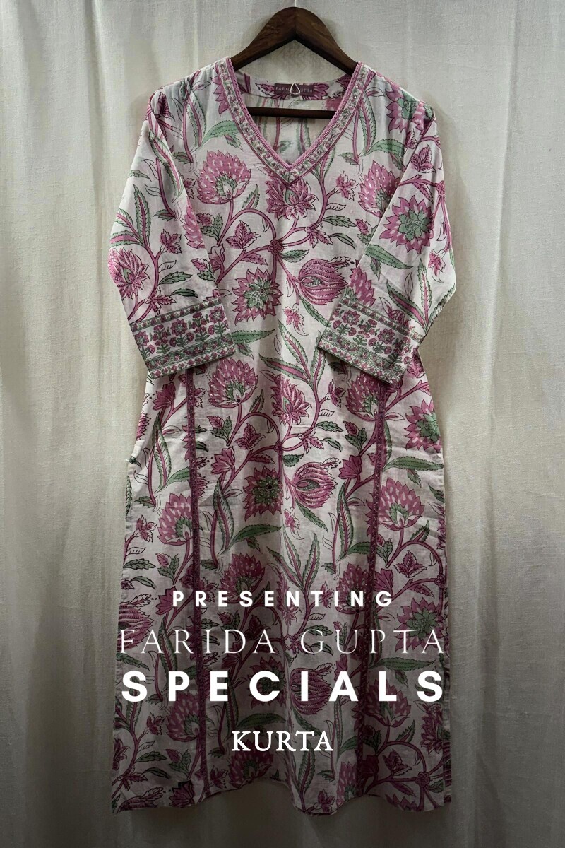 White Hand Block-Printed Straight Cotton Kurta