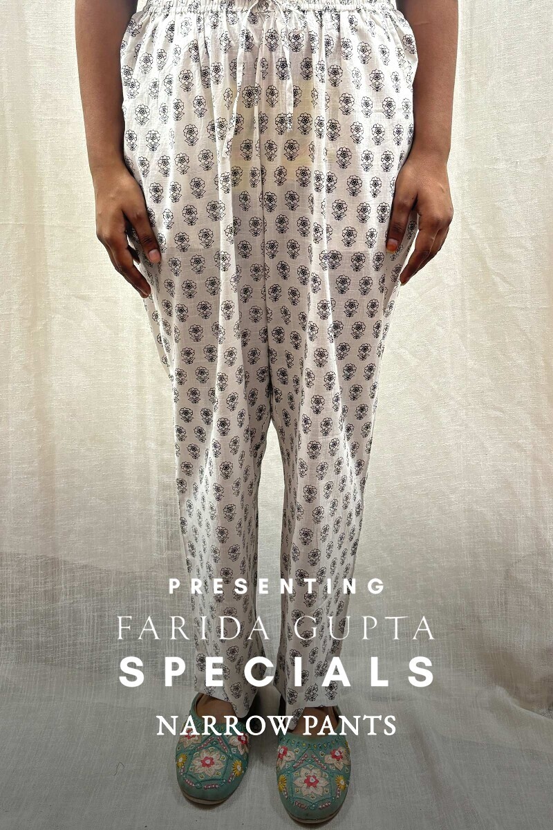 White Hand Block-Printed Cotton Slub Narrow Pants