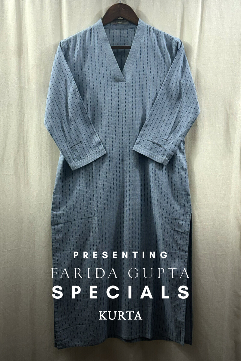 Blue Handcrafted Straight Handloom Cotton Kurta