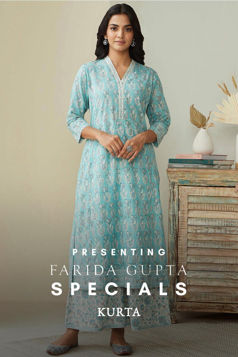 Blue Hand Block-Printed Straight Cotton Slub Kurta