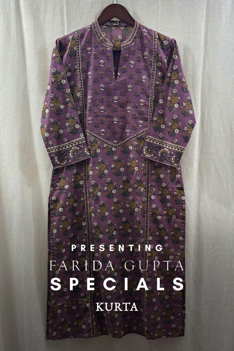 Purple Hand Printed Straight Cotton Dobby Kurta
