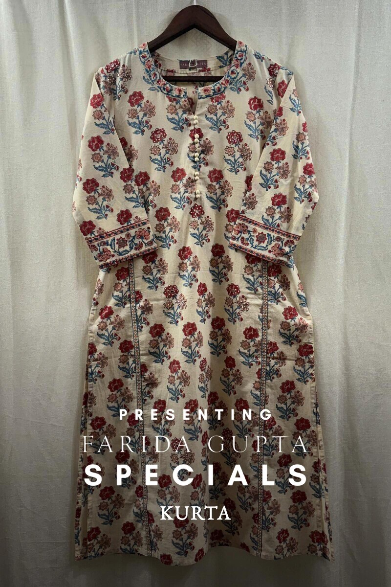 Cream Hand Printed Straight Cotton Kurta