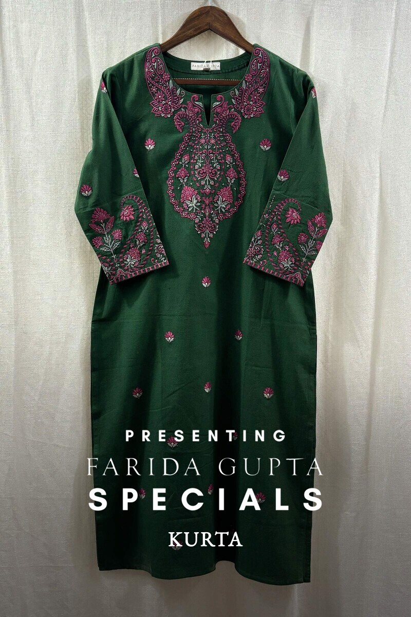 Green Handcrafted Cotton Straight Kurta