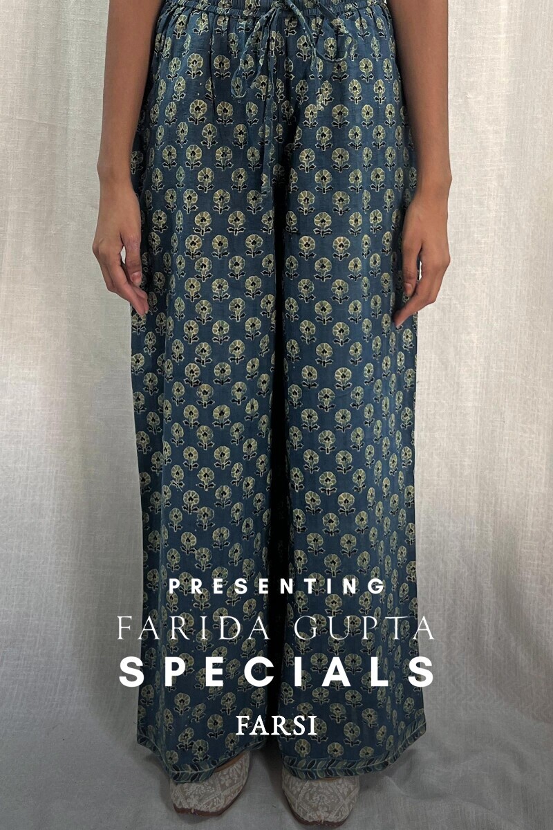 Blue Hand Block-Printed Cotton Dobby Farsi