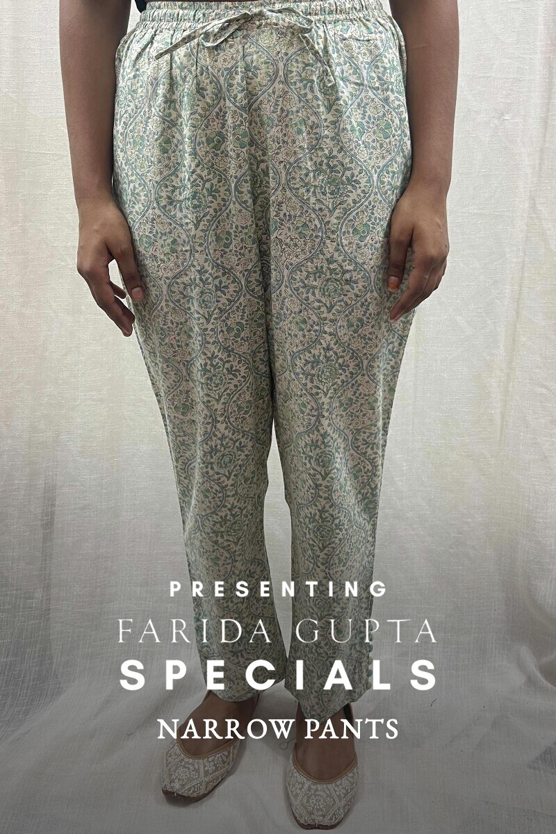 Off-White Hand Block-Printed Cotton Narrow Pants