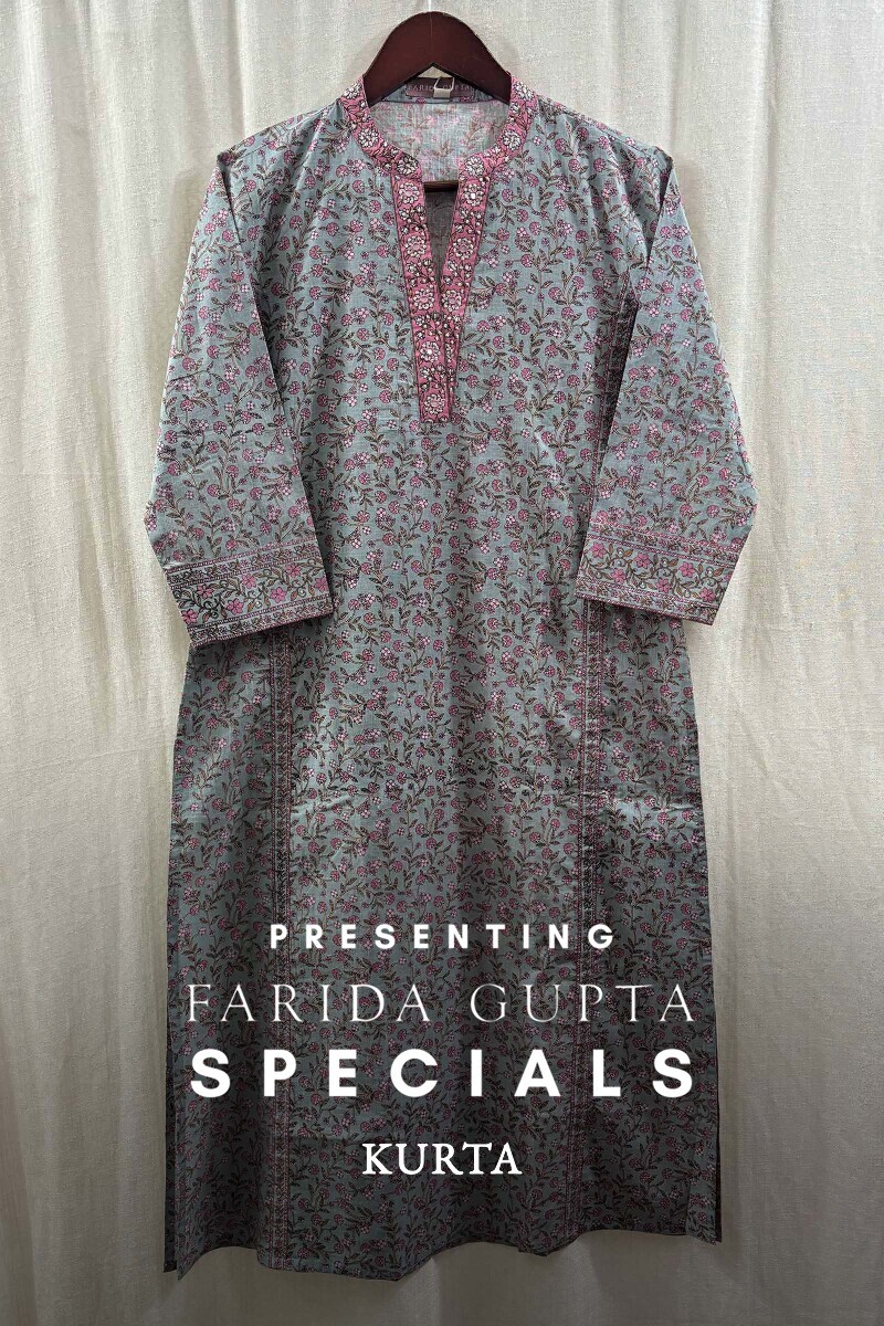 Blue Hand Printed Straight Cotton Slub Kurta