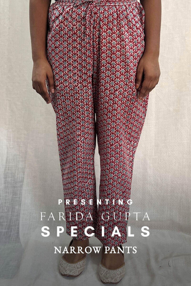 Red Hand Block-Printed Cotton Narrow Pants