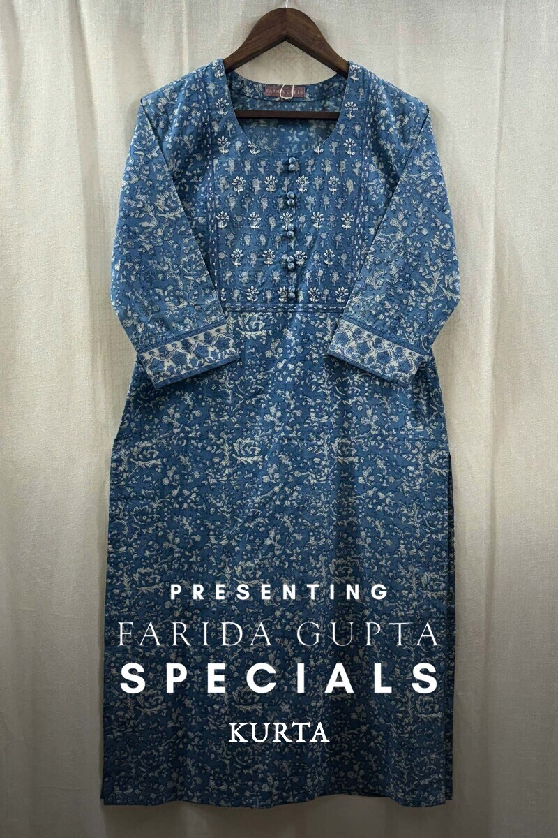 Indigo Hand Block-Printed Straight Cotton Kurta