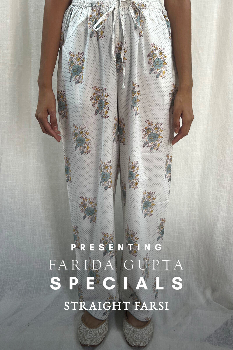 White Hand Block-Printed Cotton Straight Farsi