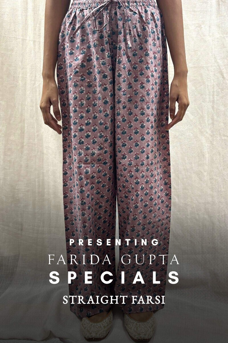 Mauve Hand Block-Printed Cotton Straight Farsi