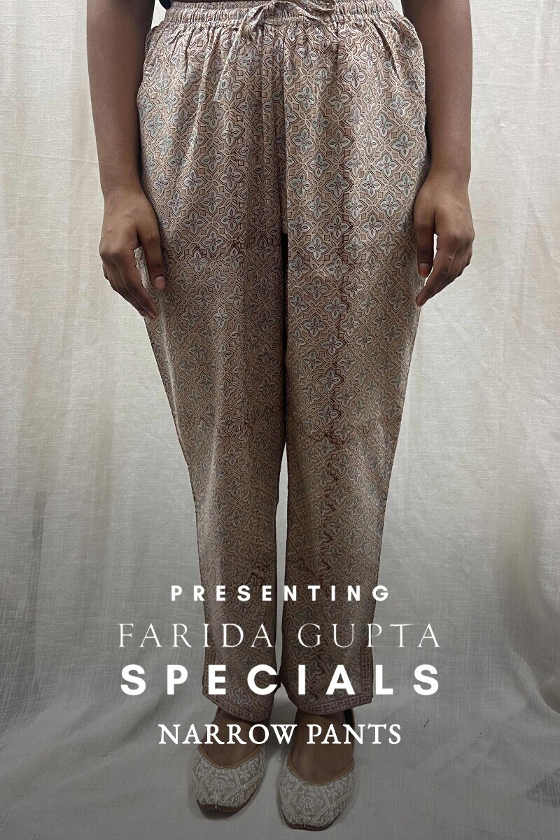 Brown Hand Block-Printed Cotton Slub Narrow Pants