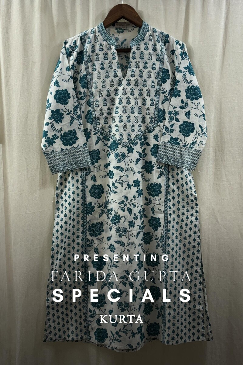 White Hand Printed Straight Cotton Slub Kurta