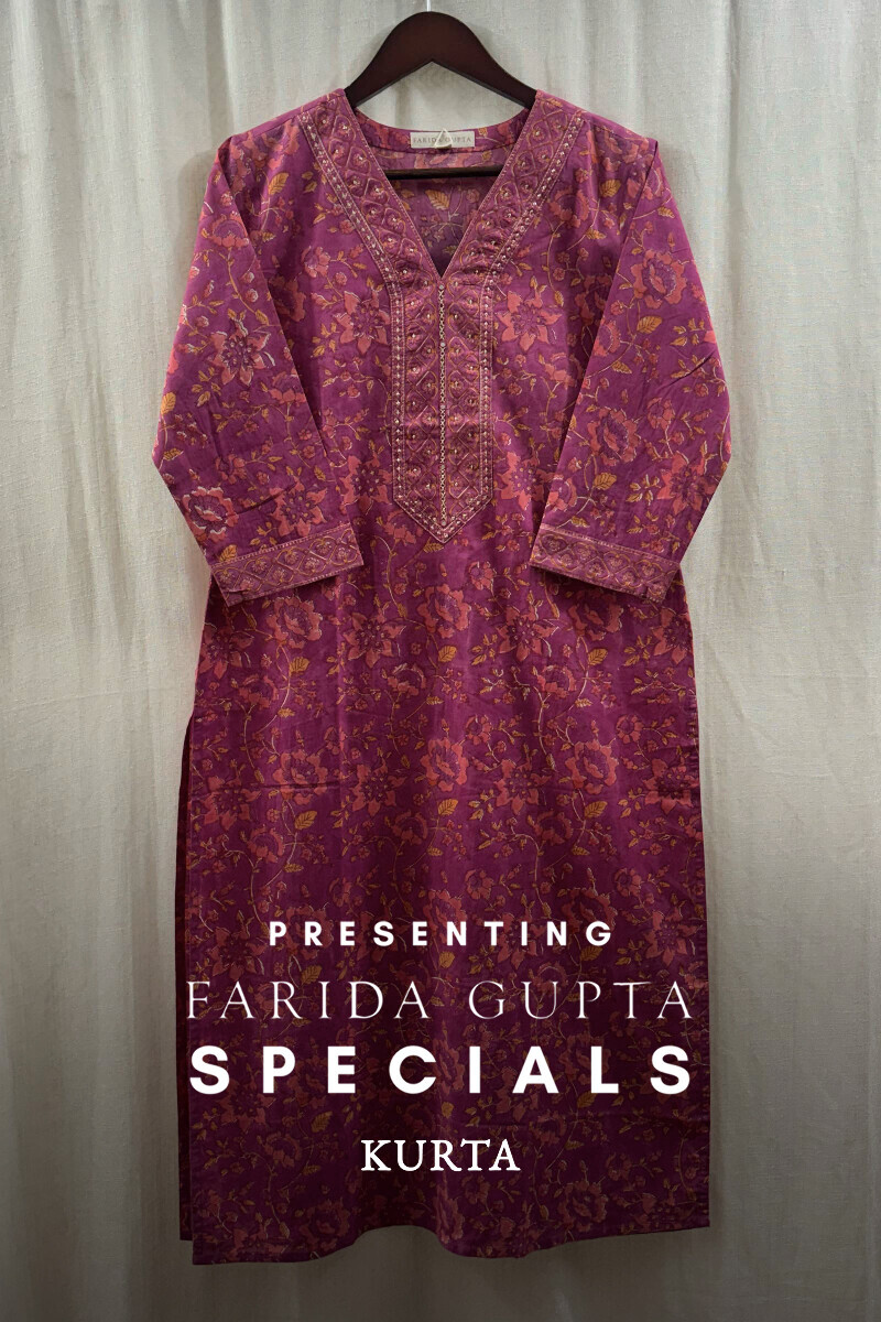 Purple Hand Block-Printed Straight Cotton Kurta