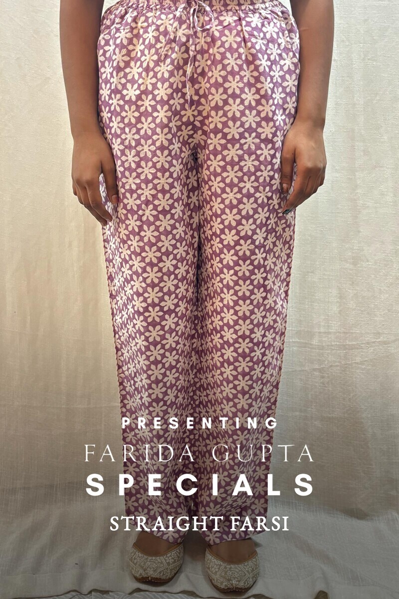 Purple Hand Block-Printed Cotton Slub Straight Farsi