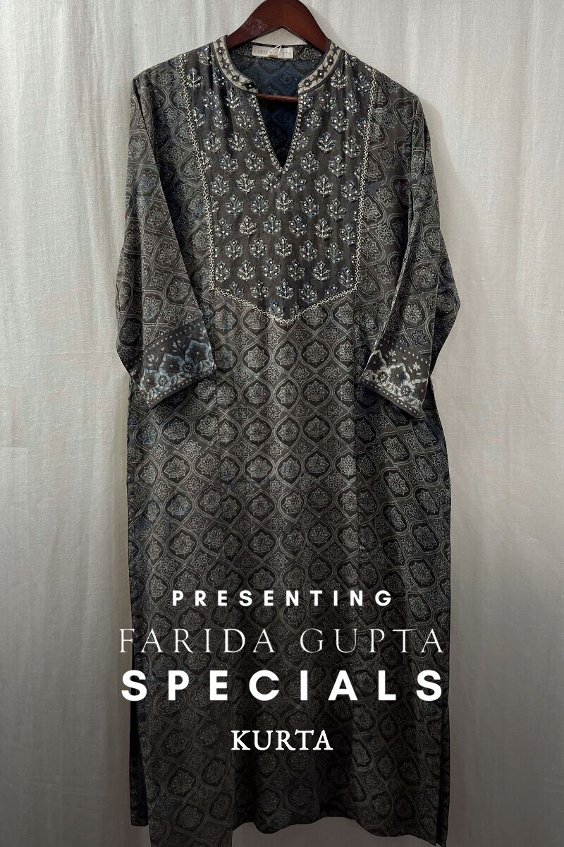 Grey Hand Block-Printed Kurta