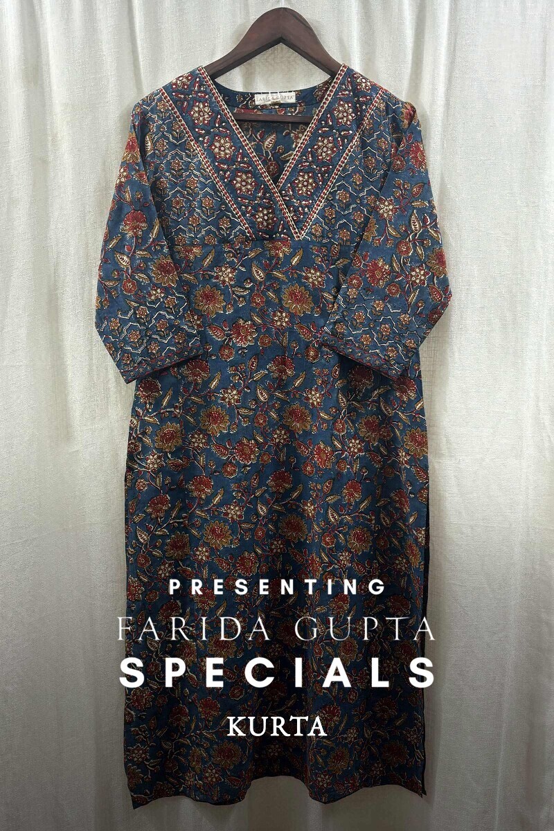 Blue Hand Block-Printed Straight Kurta