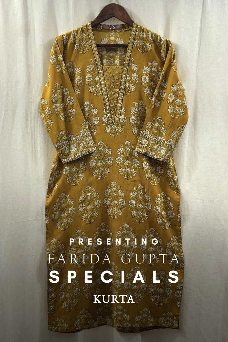 Mustard Hand Block-Printed Straight Viscose Kurta