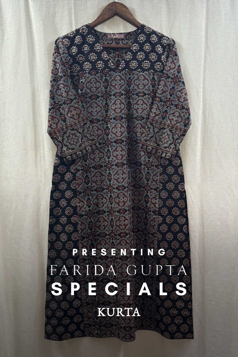 Black Hand Block-Printed Straight Cotton Kurta